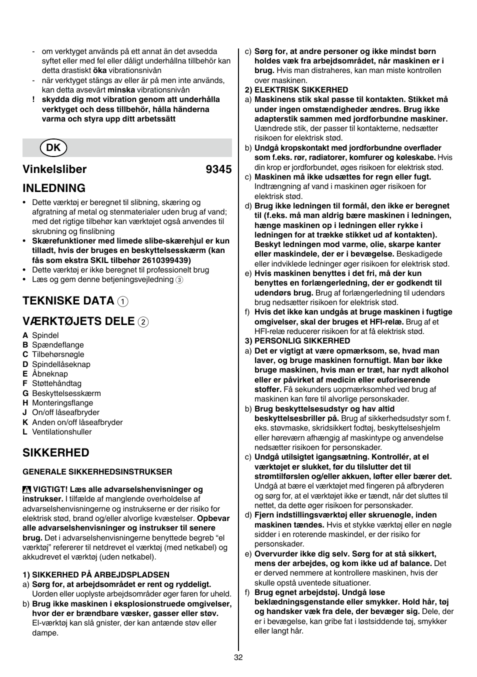 Vinkelsliber 9345 inledning, Tekniske data 1 værktøjets dele 2, Sikkerhed | Skil 9345 AG User Manual | Page 32 / 176