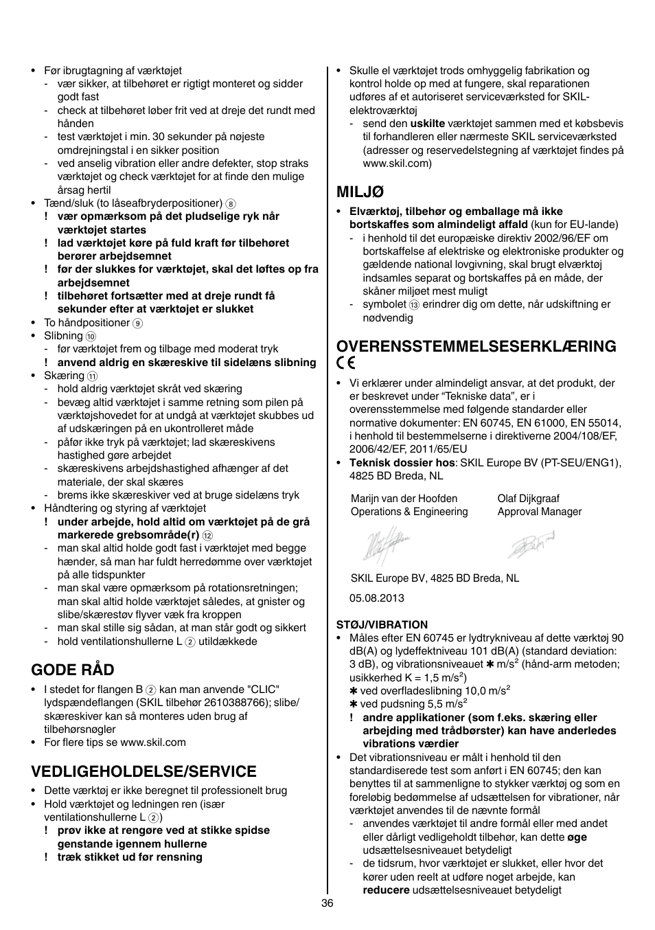 Gode råd, Vedligeholdelse/service, Miljø | Overensstemmelseserklæring | Skil 9345 AG User Manual | Page 36 / 176