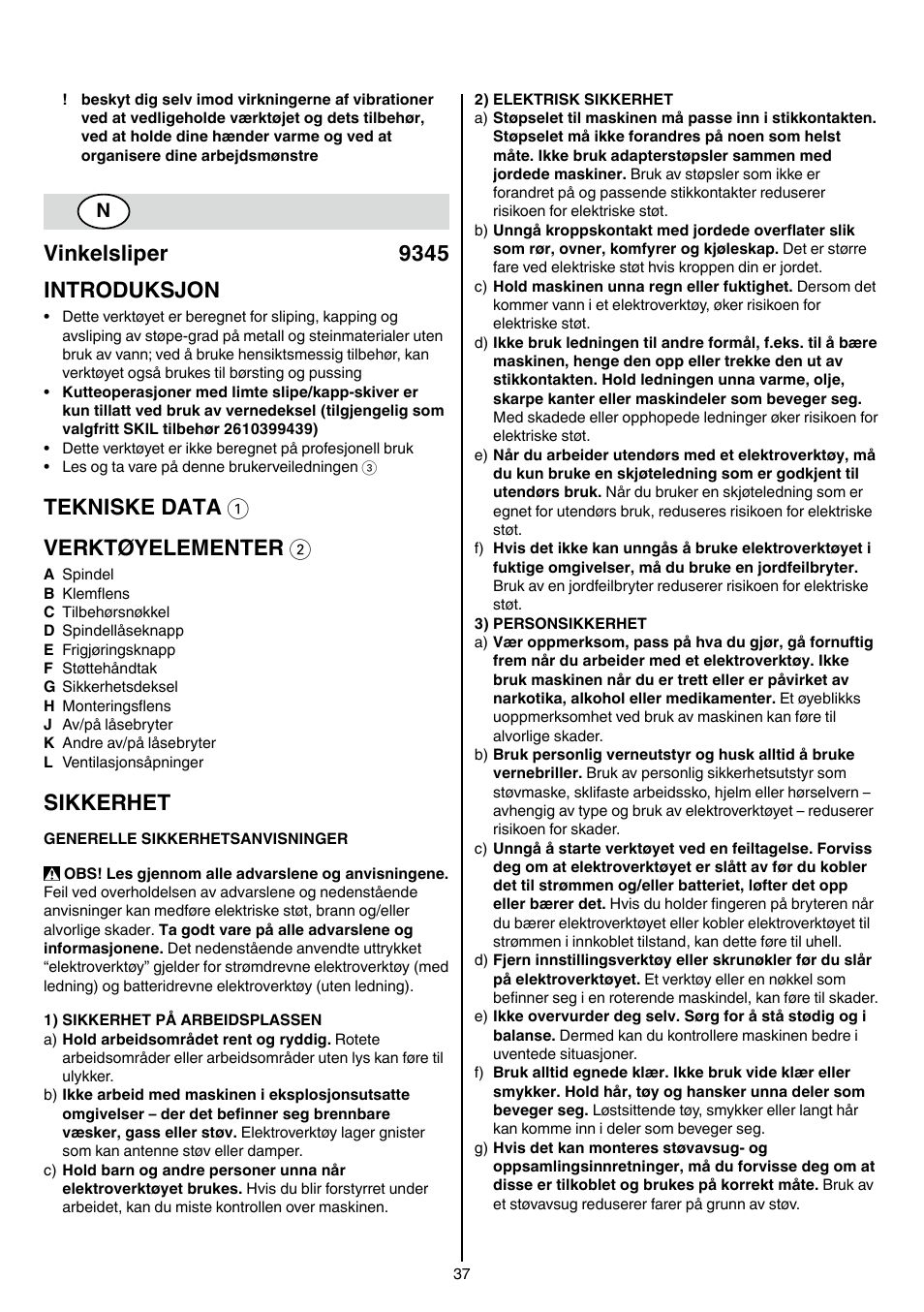 Vinkelsliper 9345 introduksjon, Tekniske data 1 verktøyelementer 2, Sikkerhet | Skil 9345 AG User Manual | Page 37 / 176