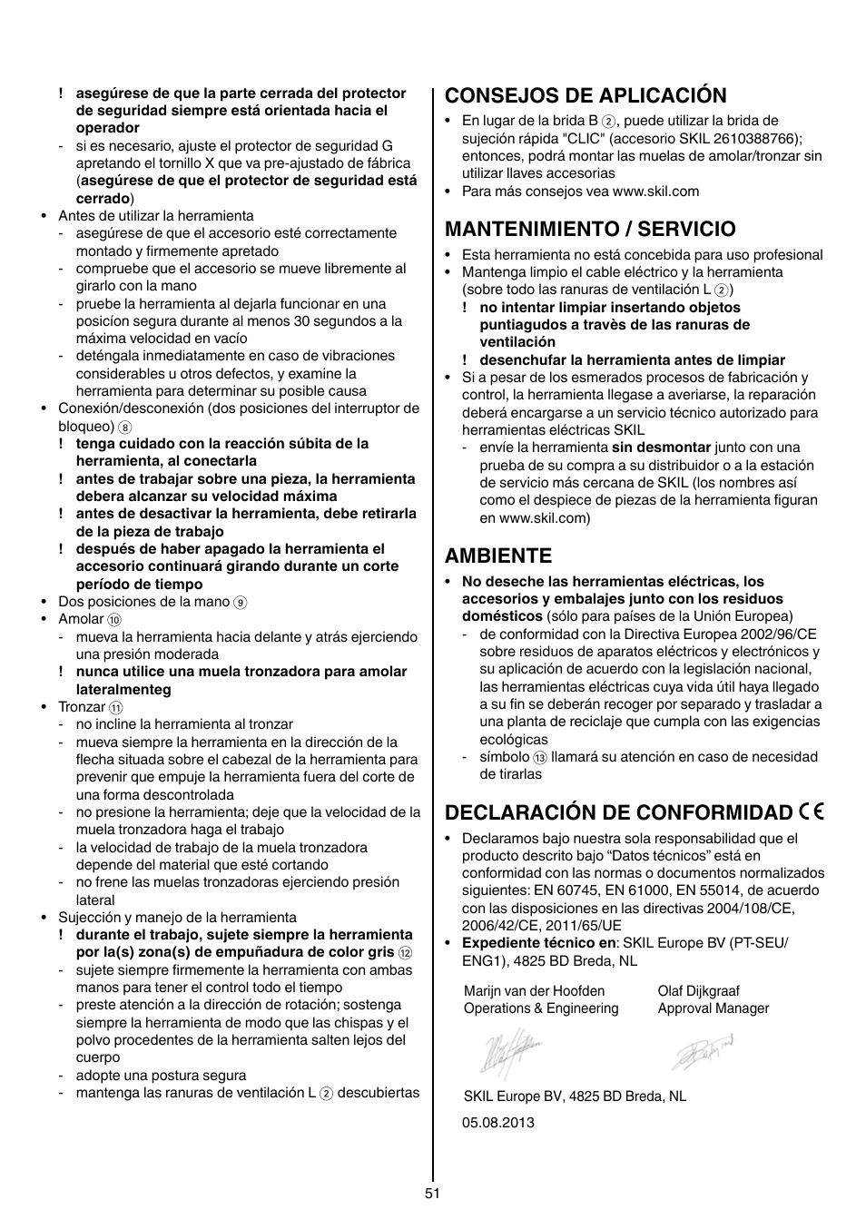 Consejos de aplicación, Mantenimiento / servicio, Ambiente | Declaración de conformidad | Skil 9345 AG User Manual | Page 51 / 176