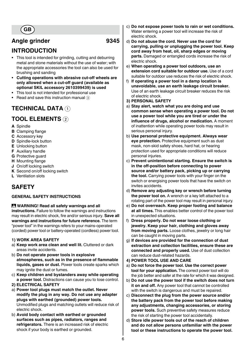 Angle grinder 9345 introduction, Technical data 1 tool elements 2, Safety | Skil 9345 AG User Manual | Page 6 / 176