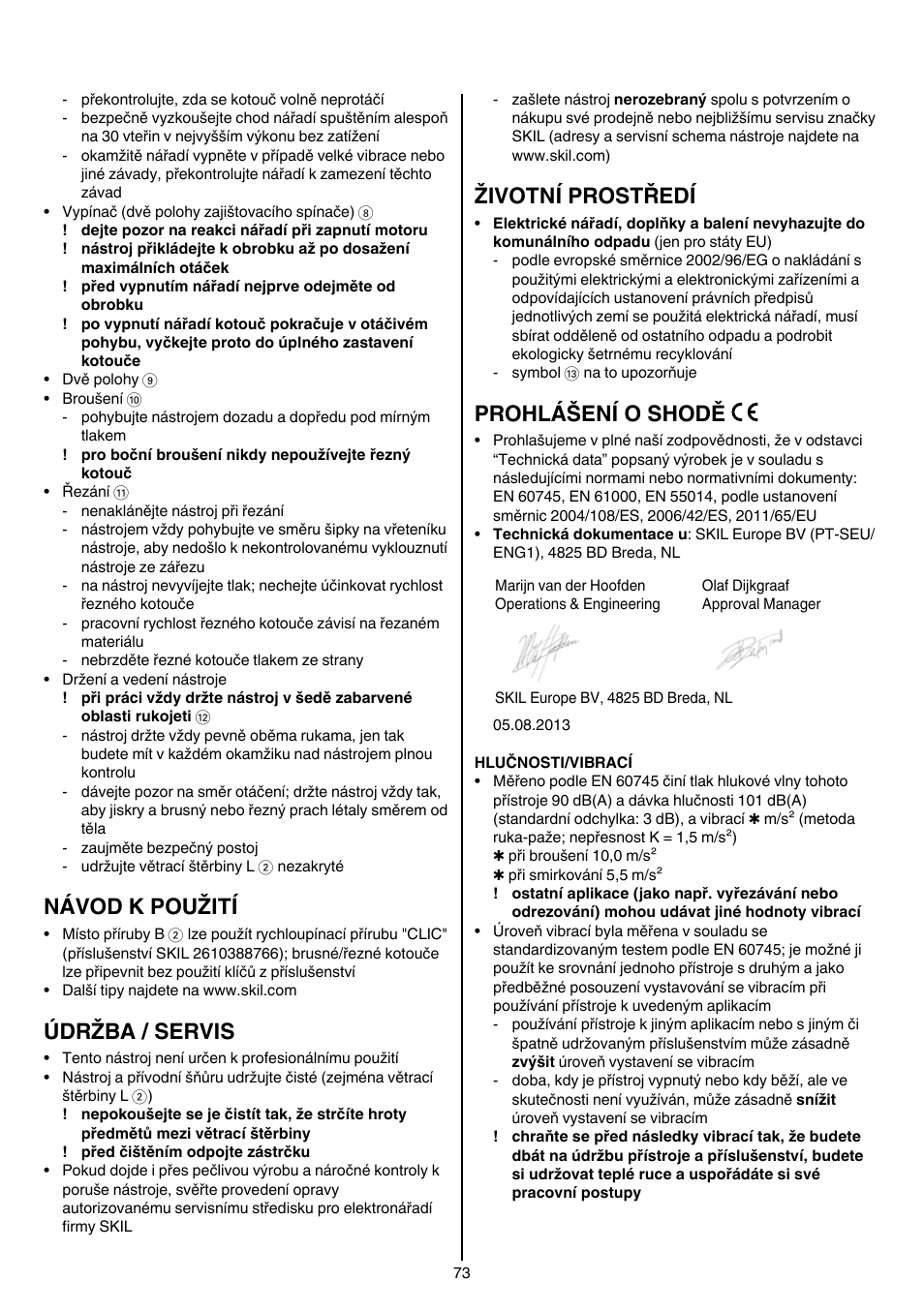 Návod k použití, Údržba / servis, Životní prostředí | Prohlášení o shodě | Skil 9345 AG User Manual | Page 73 / 176