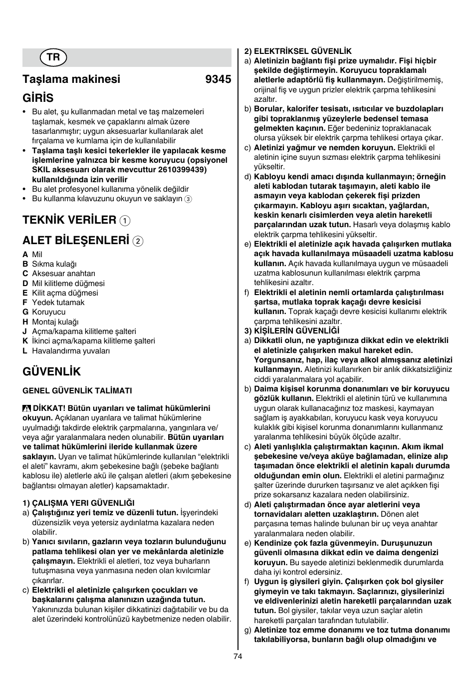 Taşlama makinesi 9345 giris, Teknik veriler 1 alet bileşenleri 2, Güvenlik | Skil 9345 AG User Manual | Page 74 / 176