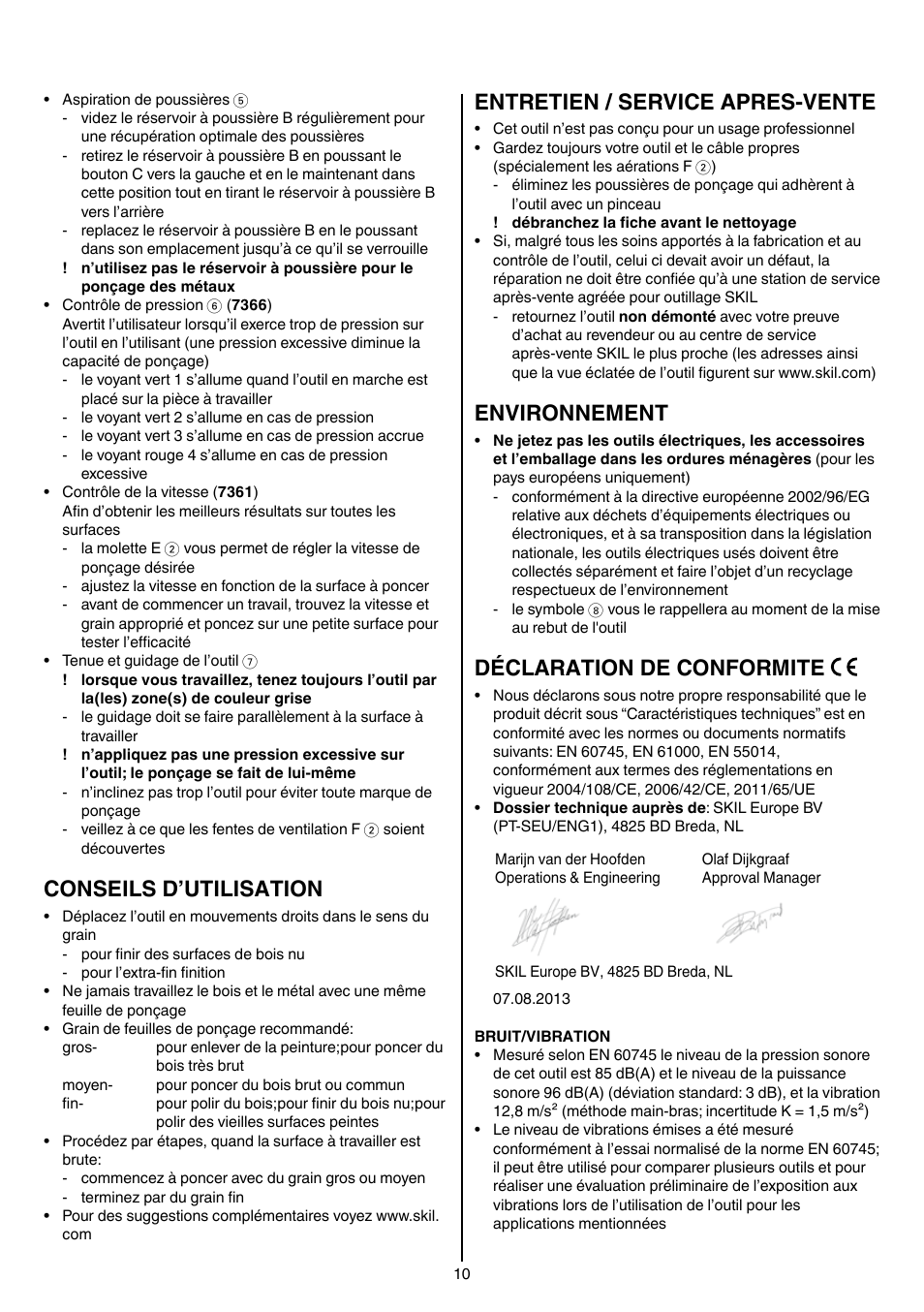 Conseils d’utilisation, Entretien / service apres-vente, Environnement | Déclaration de conformite | Skil 7361 AA User Manual | Page 10 / 104