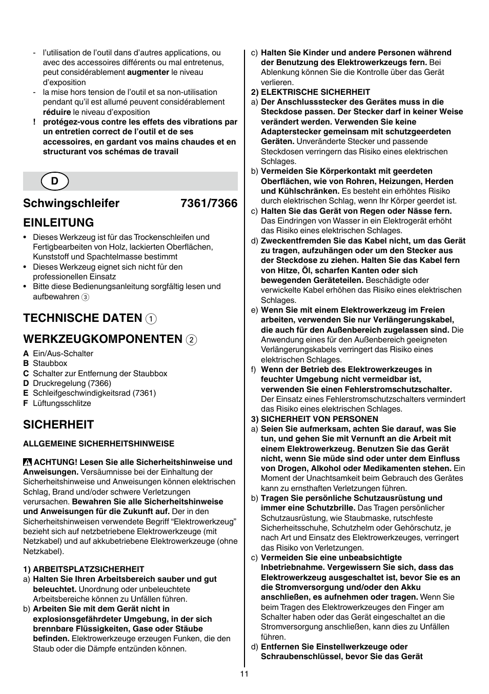 Technische daten 1 werkzeugkomponenten 2, Sicherheit | Skil 7361 AA User Manual | Page 11 / 104