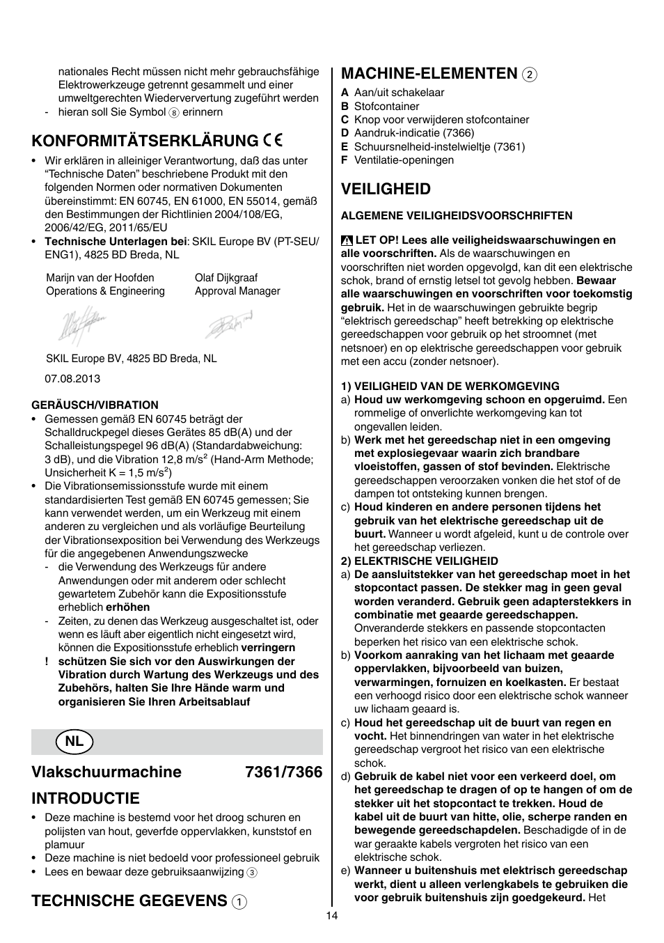 Konformitätserklärung, Technische gegevens 1 machine-elementen 2, Veiligheid | Skil 7361 AA User Manual | Page 14 / 104