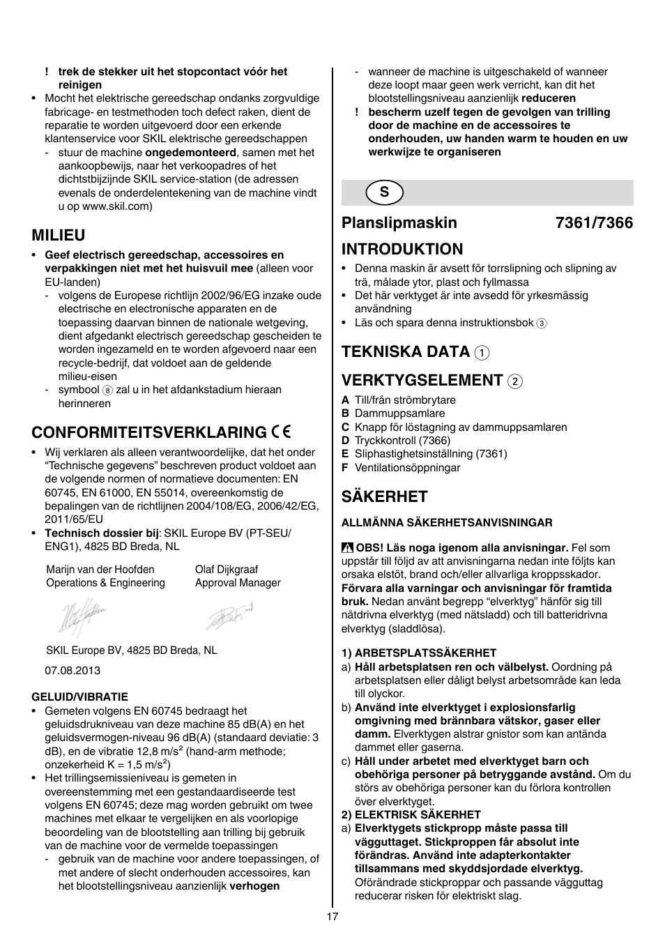 Milieu, Conformiteitsverklaring, Tekniska data 1 verktygselement 2 | Säkerhet | Skil 7361 AA User Manual | Page 17 / 104