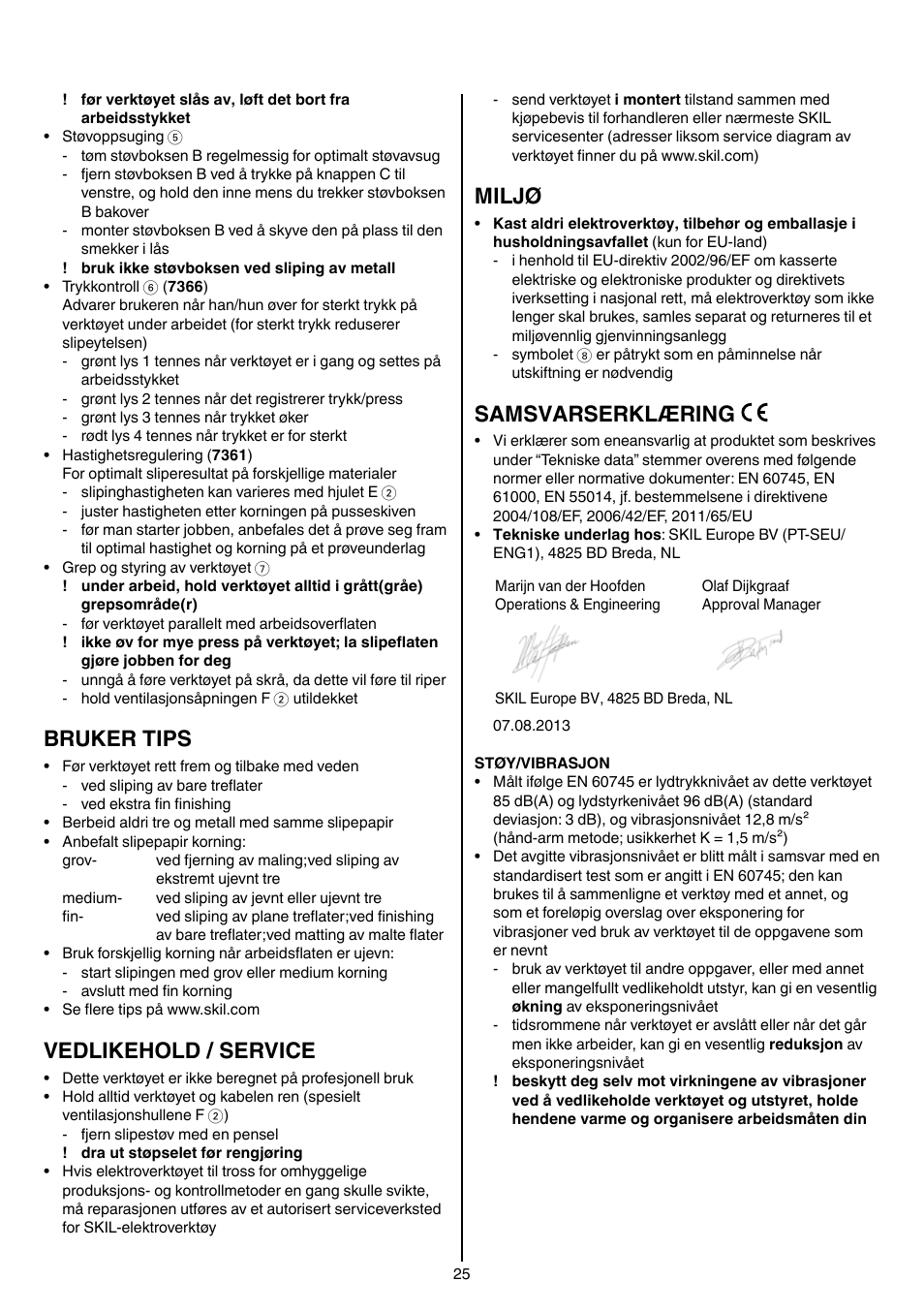 Bruker tips, Vedlikehold / service, Miljø | Samsvarserklæring | Skil 7361 AA User Manual | Page 25 / 104