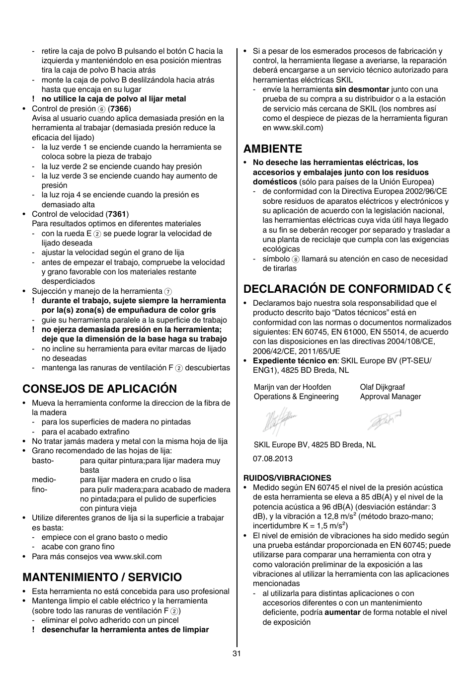 Consejos de aplicación, Mantenimiento / servicio, Ambiente | Declaración de conformidad | Skil 7361 AA User Manual | Page 31 / 104