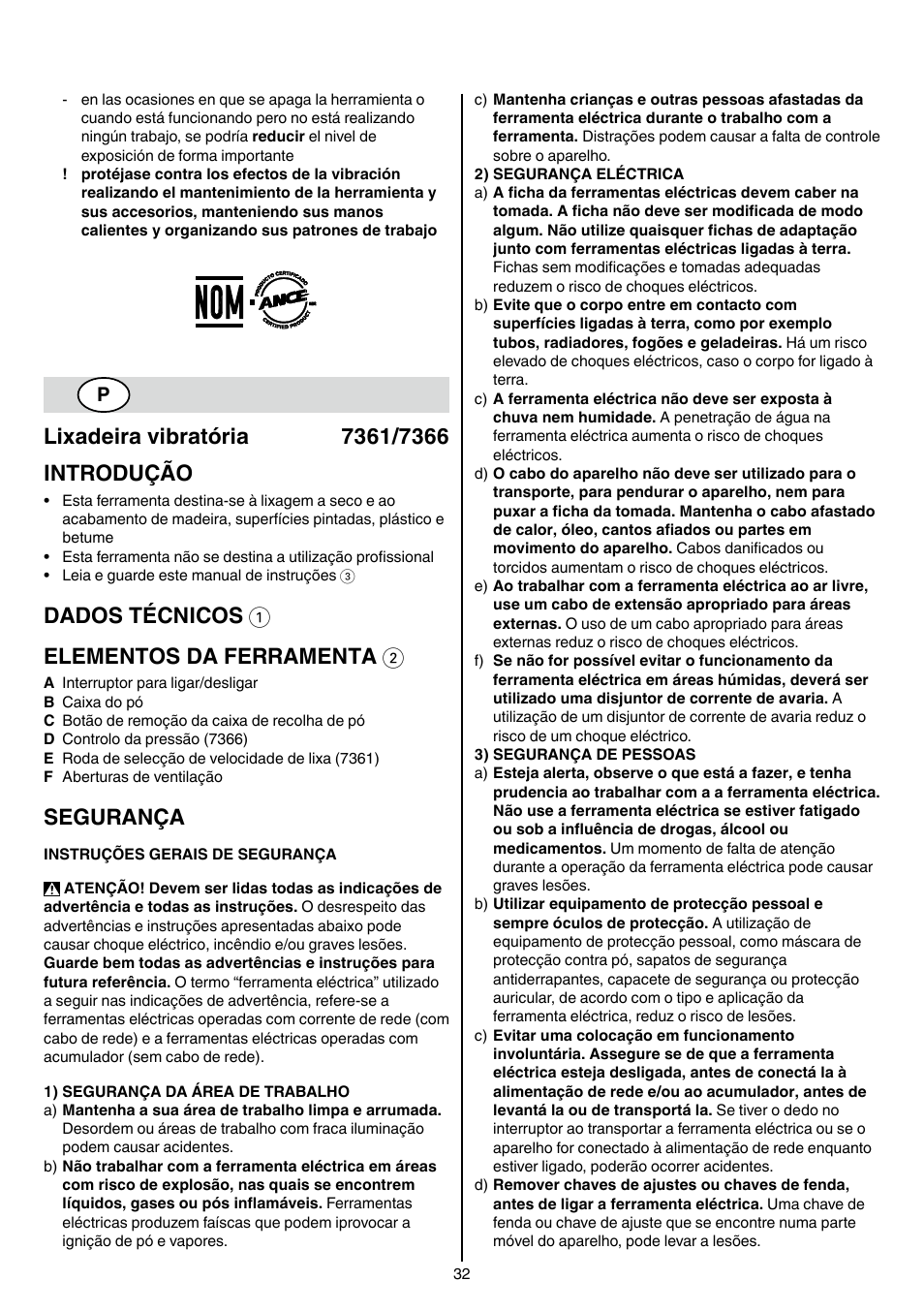 Dados técnicos 1 elementos da ferramenta 2, Segurança | Skil 7361 AA User Manual | Page 32 / 104