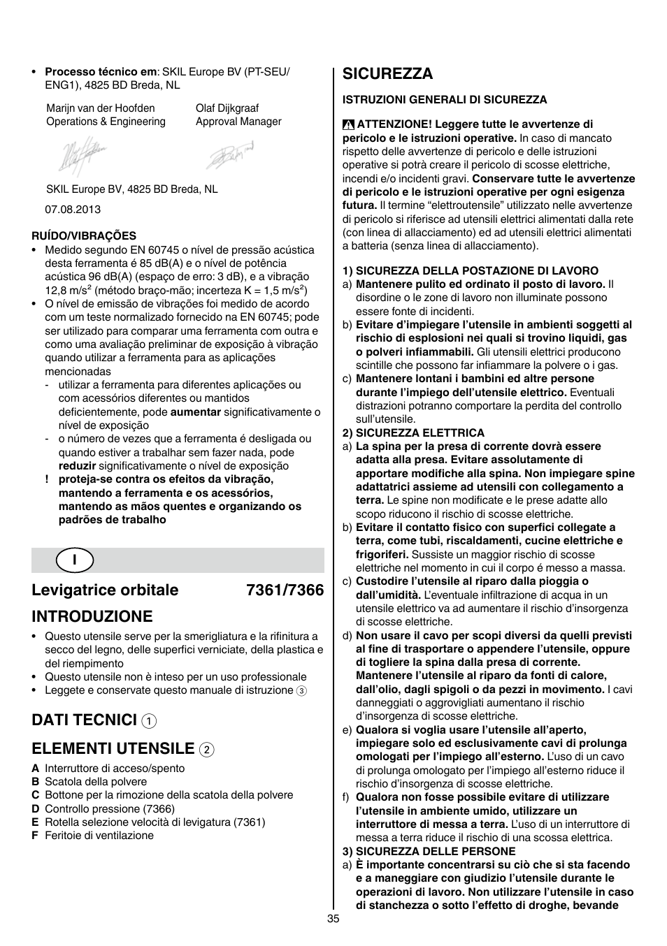 Dati tecnici 1 elementi utensile 2, Sicurezza | Skil 7361 AA User Manual | Page 35 / 104