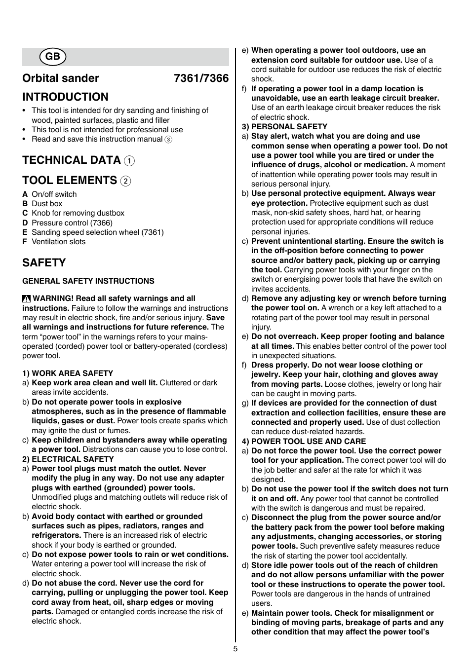 Technical data 1 tool elements 2, Safety | Skil 7361 AA User Manual | Page 5 / 104