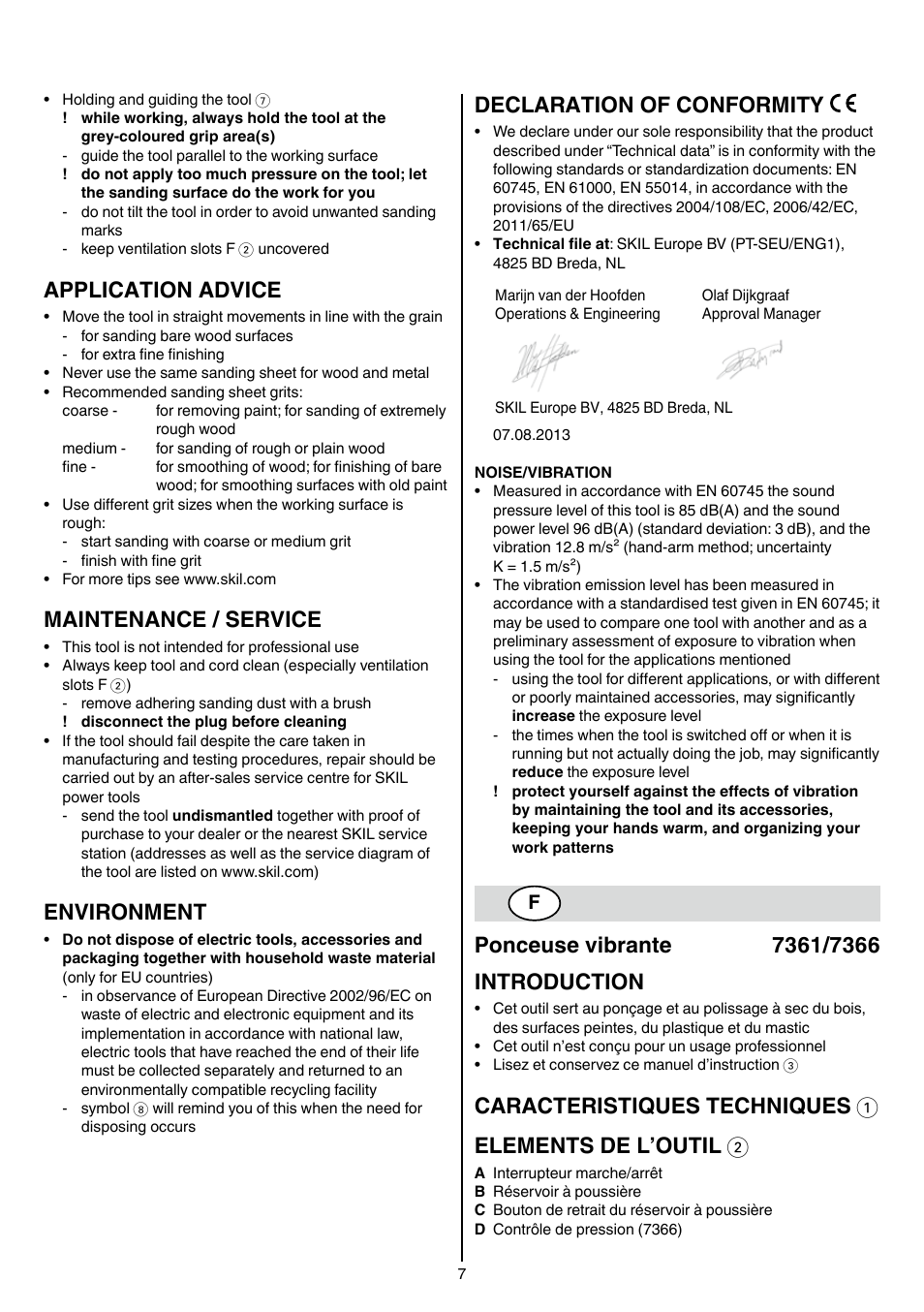 Application advice, Maintenance / service, Environment | Declaration of conformity | Skil 7361 AA User Manual | Page 7 / 104