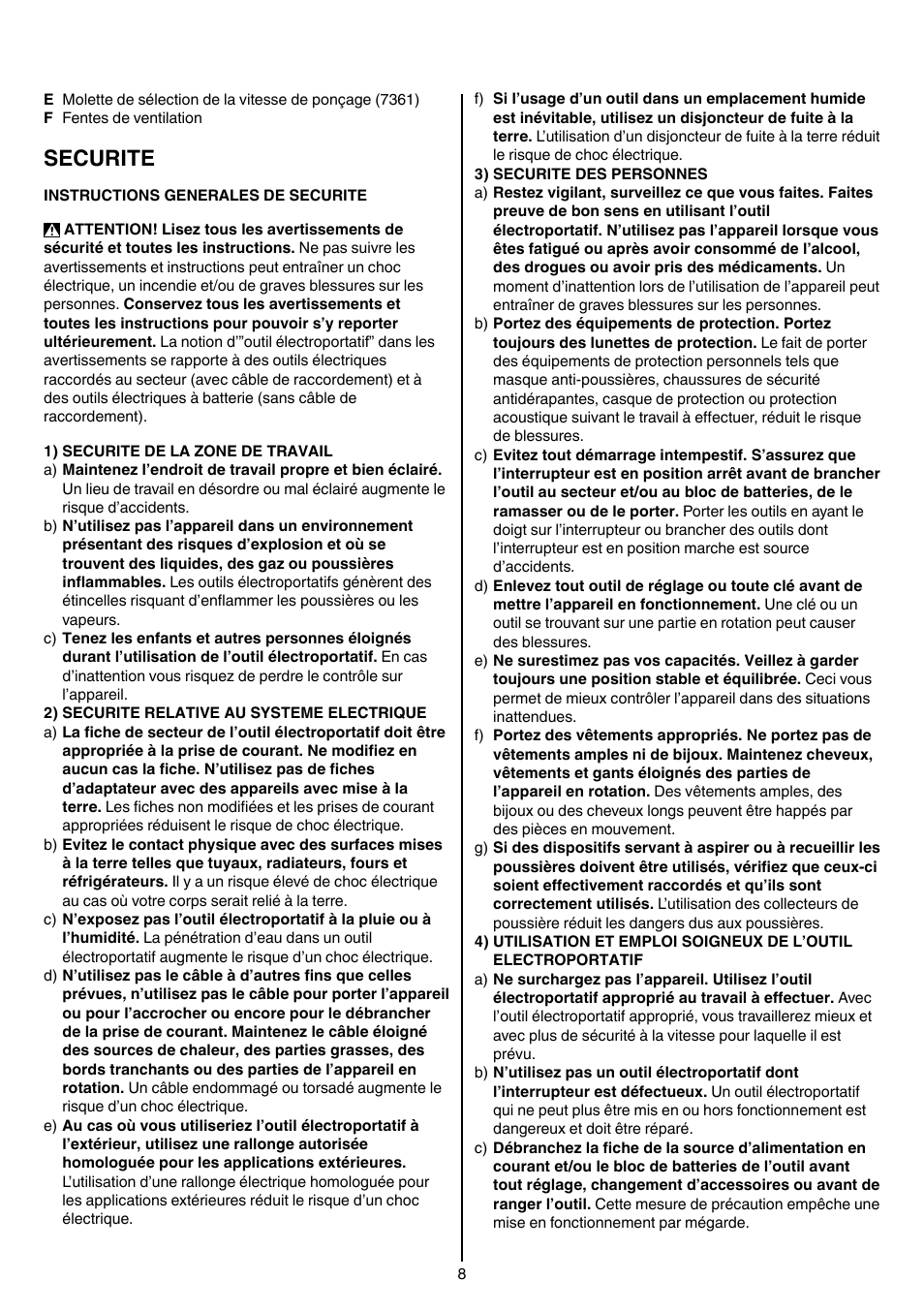 Securite | Skil 7361 AA User Manual | Page 8 / 104