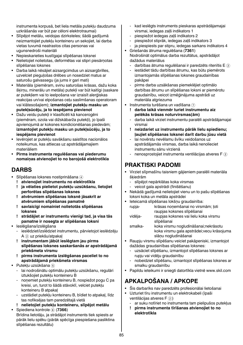 Darbs, Praktiski padomi, Apkalpošana / apkope | Skil 7361 AA User Manual | Page 85 / 104