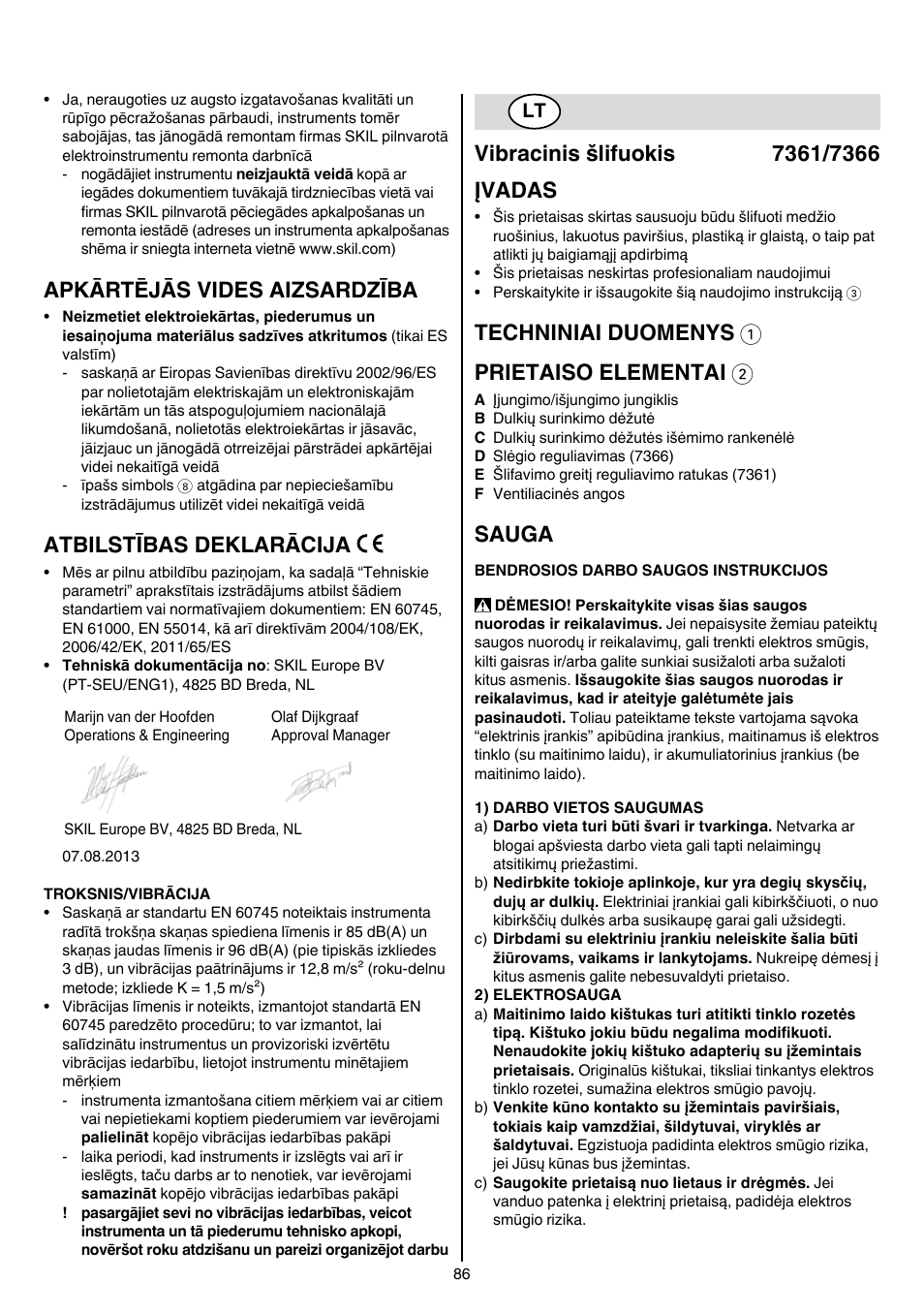 Apkārtējās vides aizsardzība, Atbilstības deklarācija, Techniniai duomenys 1 prietaiso elementai 2 | Sauga | Skil 7361 AA User Manual | Page 86 / 104