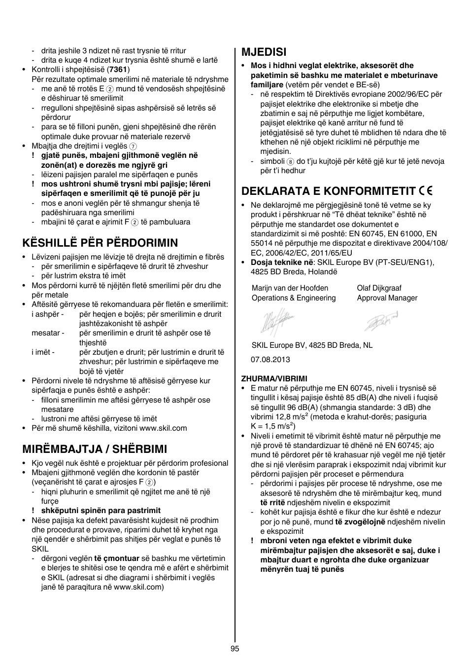 Këshillë për përdorimin, Mirëmbajtja / shërbimi, Mjedisi | Deklarata e konformitetit | Skil 7361 AA User Manual | Page 95 / 104