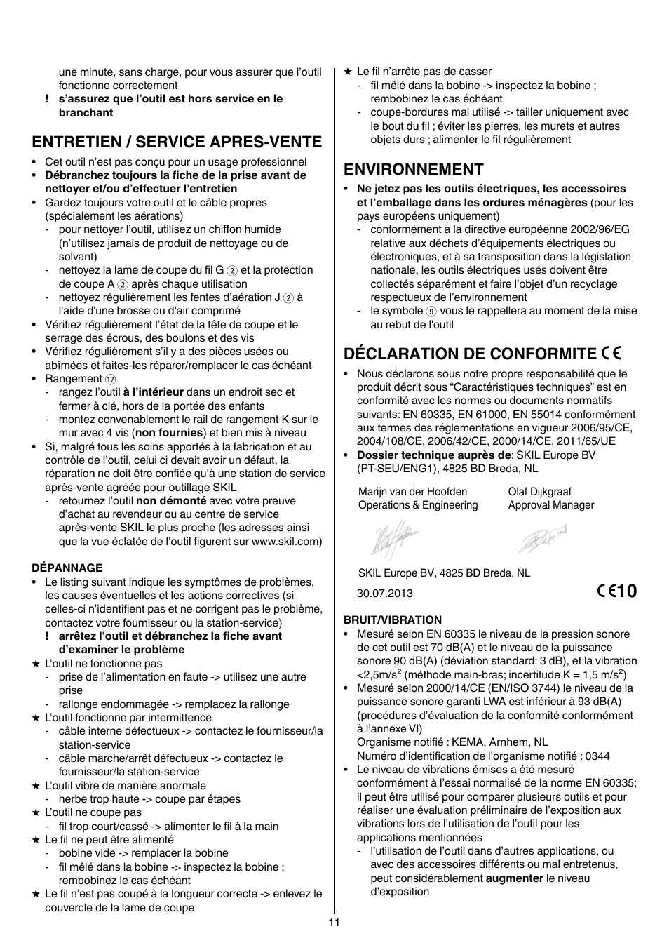 Entretien / service apres-vente, Environnement, Déclaration de conformite | Skil 0735 RA User Manual | Page 11 / 108