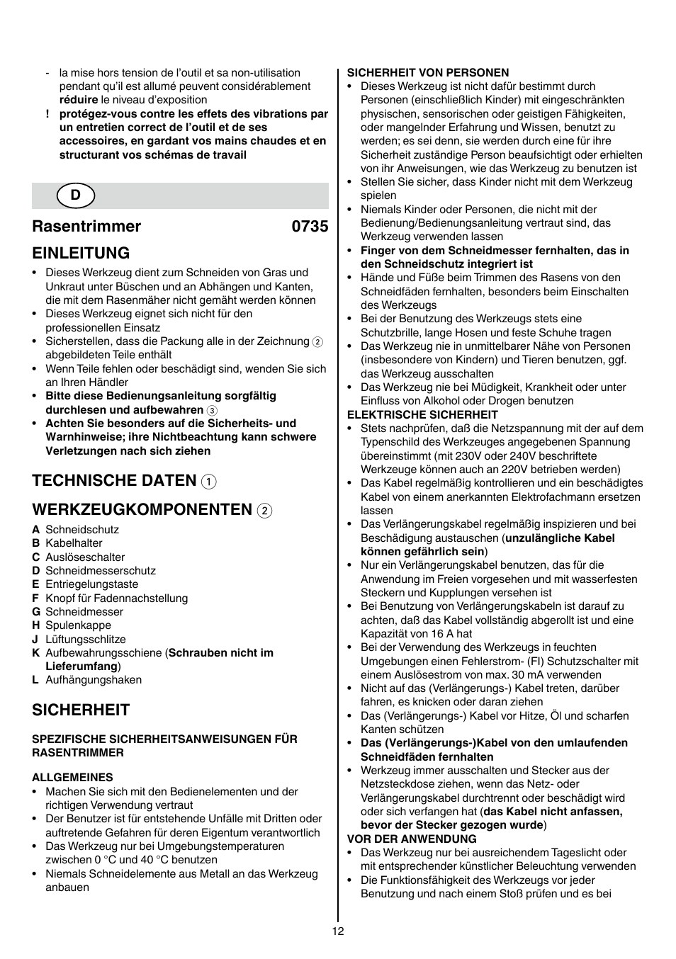 Rasentrimmer 0735 einleitung, Technische daten 1 werkzeugkomponenten 2, Sicherheit | Skil 0735 RA User Manual | Page 12 / 108