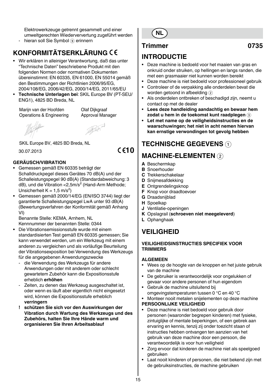 Konformitätserklärung, Trimmer 0735 introductie, Technische gegevens 1 machine-elementen 2 | Veiligheid | Skil 0735 RA User Manual | Page 15 / 108