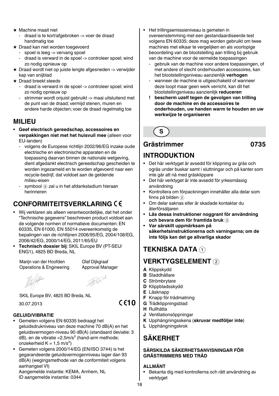 Milieu, Conformiteitsverklaring, Grästrimmer 0735 introduktion | Tekniska data 1 verktygselement 2, Säkerhet | Skil 0735 RA User Manual | Page 18 / 108