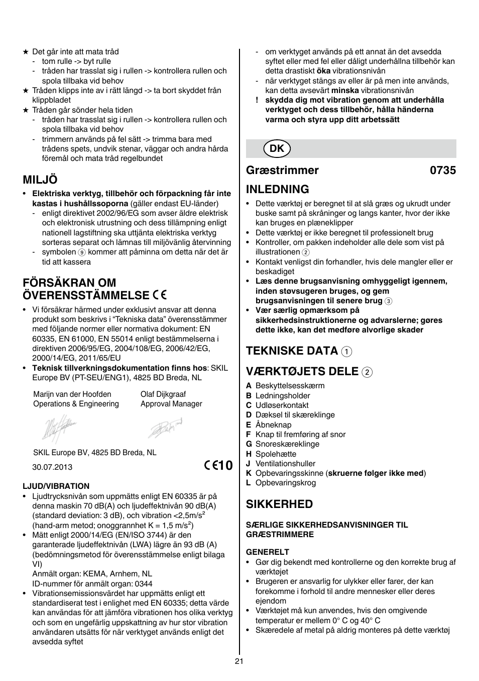 Miljö, Försäkran om överensstämmelse, Græstrimmer 0735 inledning | Tekniske data 1 værktøjets dele 2, Sikkerhed | Skil 0735 RA User Manual | Page 21 / 108