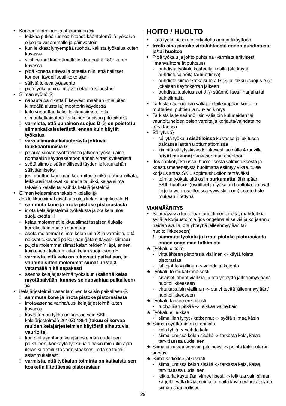 Hoito / huolto | Skil 0735 RA User Manual | Page 29 / 108