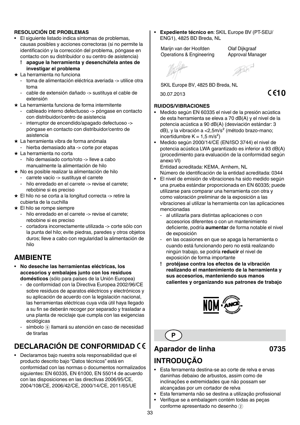 Ambiente, Declaración de conformidad, Aparador de linha 0735 introdução | Skil 0735 RA User Manual | Page 33 / 108