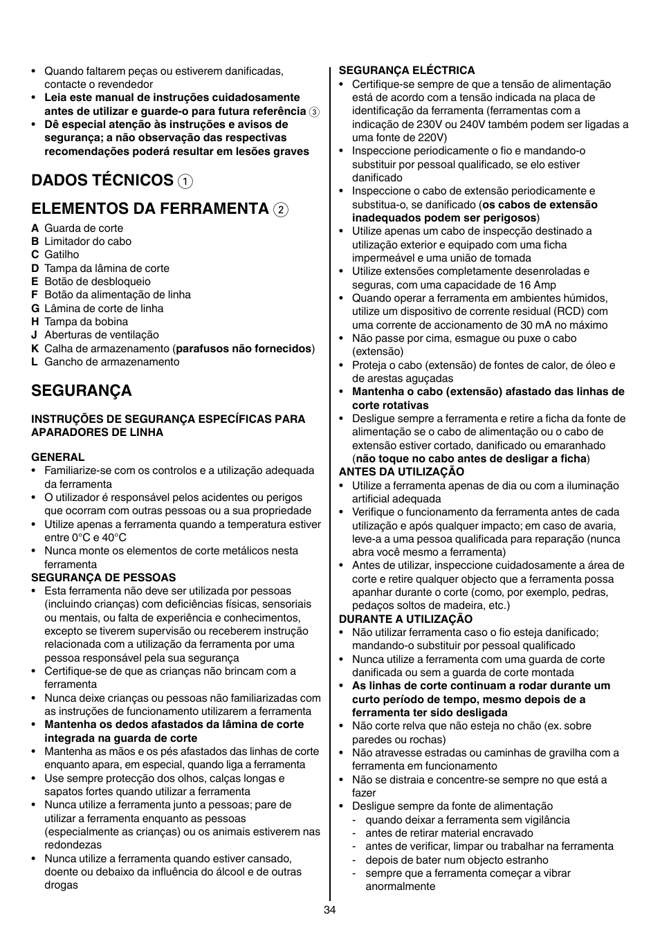 Dados técnicos 1 elementos da ferramenta 2, Segurança | Skil 0735 RA User Manual | Page 34 / 108