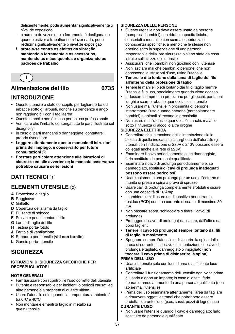 Alimentazione del filo 0735 introduzione, Dati tecnici 1 elementi utensile 2, Sicurezza | Skil 0735 RA User Manual | Page 37 / 108