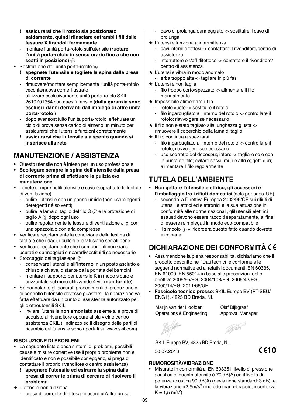 Manutenzione / assistenza, Tutela dell’ambiente, Dichiarazione dei conformità | Skil 0735 RA User Manual | Page 39 / 108