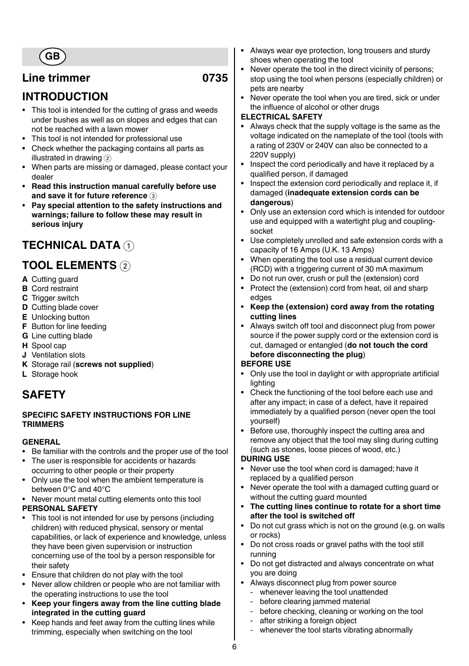 Line trimmer 0735 introduction, Technical data 1 tool elements 2, Safety | Skil 0735 RA User Manual | Page 6 / 108