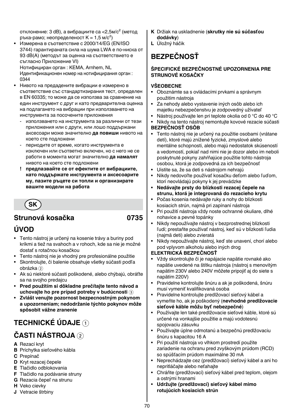 Strunová kosačka 0735 úvod, Technické údaje 1 časti nástroja 2, Bezpečnosť | Skil 0735 RA User Manual | Page 70 / 108