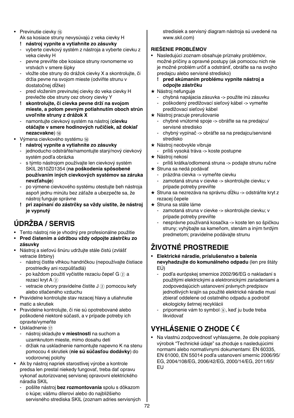 Údržba / servis, Životné prostredie, Vyhlásenie o zhode | Skil 0735 RA User Manual | Page 72 / 108