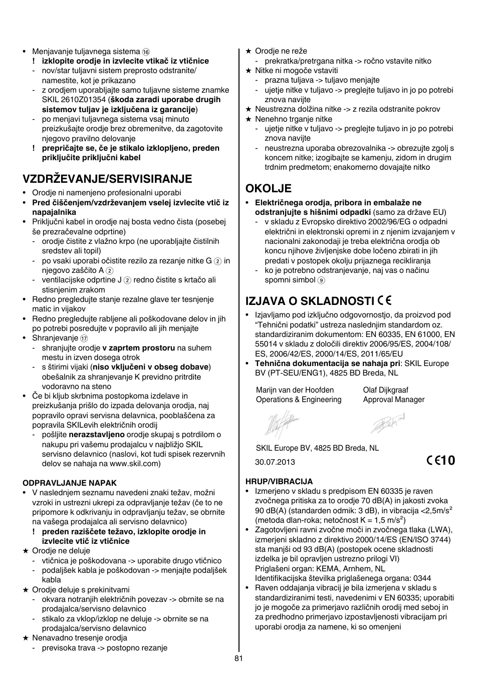 Vzdrževanje/servisiranje, Okolje, Izjava o skladnosti | Skil 0735 RA User Manual | Page 81 / 108