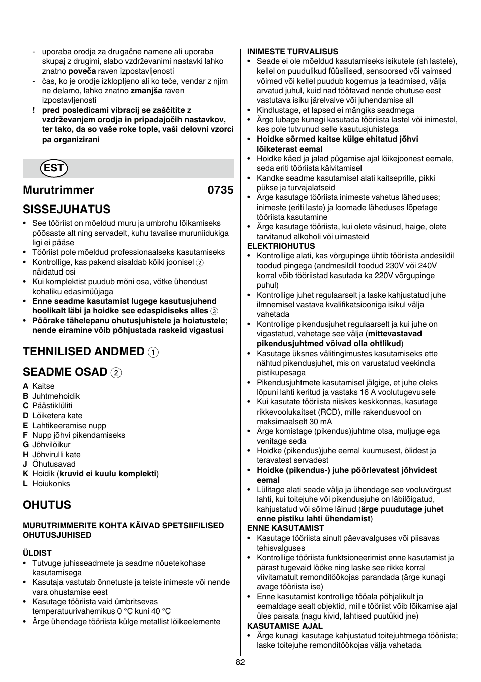 Murutrimmer 0735 sissejuhatus, Tehnilised andmed 1 seadme osad 2, Ohutus | Skil 0735 RA User Manual | Page 82 / 108