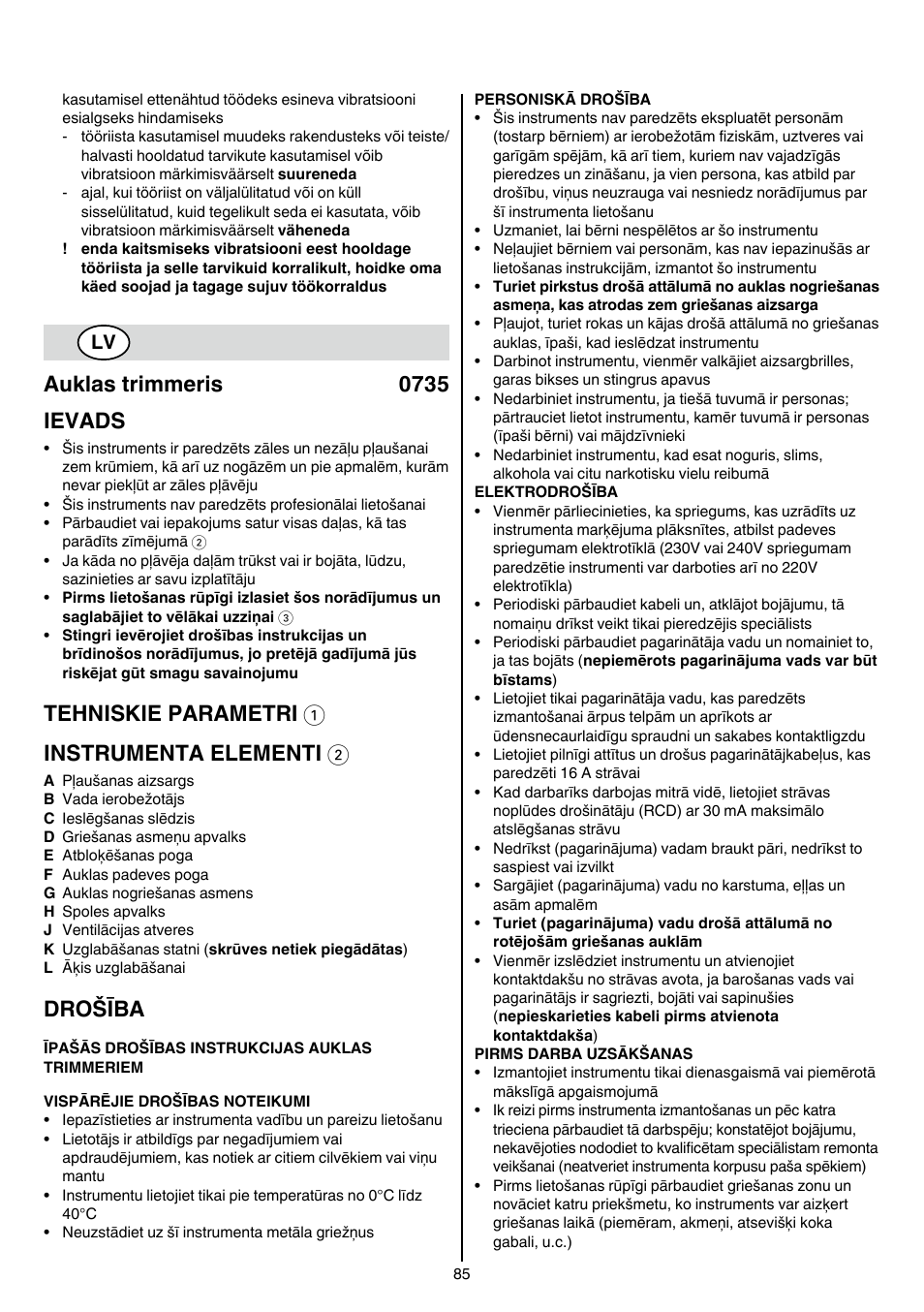 Auklas trimmeris 0735 ievads, Tehniskie parametri 1 instrumenta elementi 2, Drošība | Skil 0735 RA User Manual | Page 85 / 108