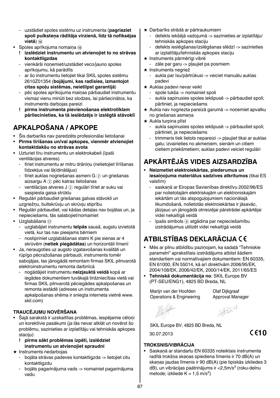 Apkalpošana / apkope, Apkārtējās vides aizsardzība, Atbilstības deklarācija | Skil 0735 RA User Manual | Page 87 / 108