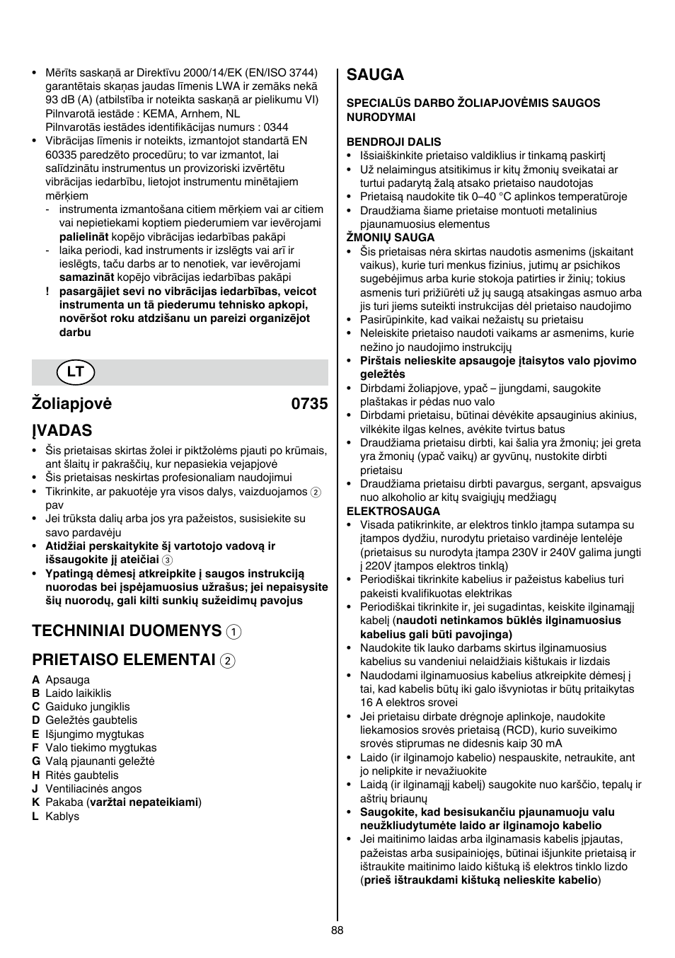 Žoliapjovė 0735 įvadas, Techniniai duomenys 1 prietaiso elementai 2, Sauga | Skil 0735 RA User Manual | Page 88 / 108