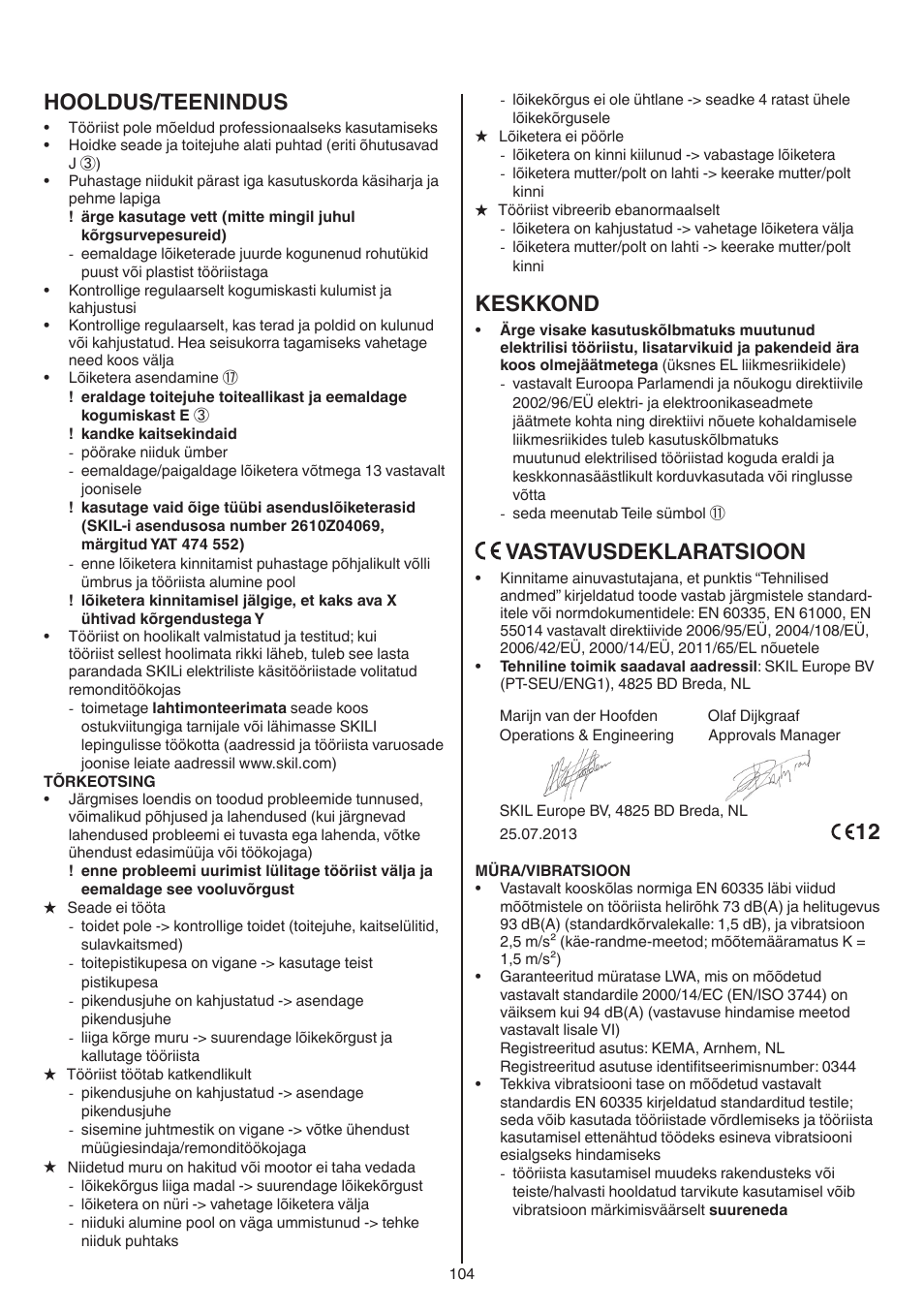Hooldus/teenindus, Keskkond, Vastavusdeklaratsioon | Skil 0715 RT User Manual | Page 104 / 132