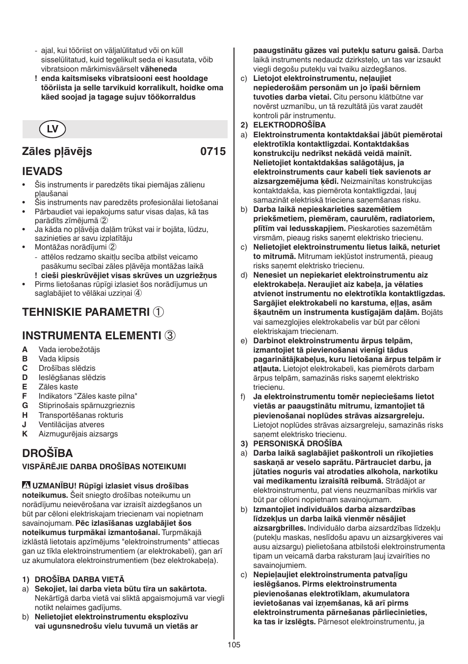 Zāles pļāvējs 0715 ievads, Tehniskie parametri ① instrumenta elementi, Drošība | Skil 0715 RT User Manual | Page 105 / 132