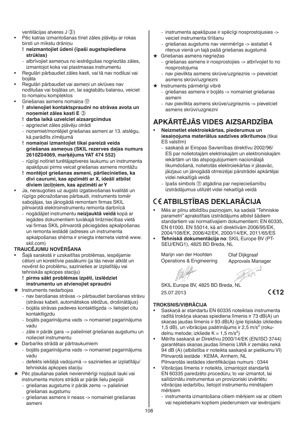 Apkārtējās vides aizsardzība, Atbilstības deklarācija | Skil 0715 RT User Manual | Page 108 / 132