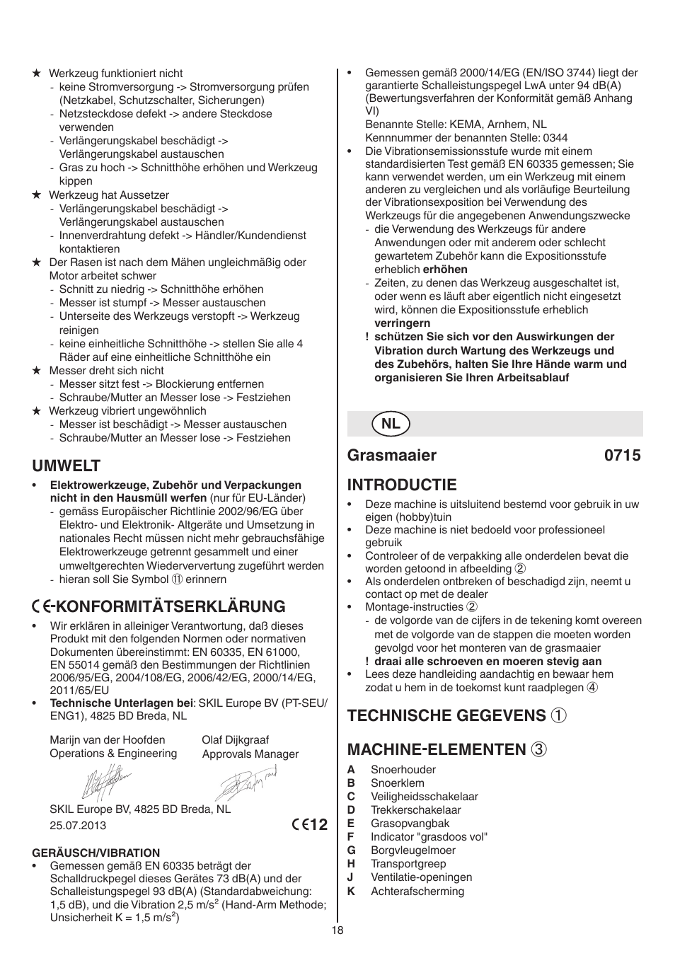 Umwelt, Konformitätserklärung, Grasmaaier 0715 introductie | Technische gegevens ① machine-elementen | Skil 0715 RT User Manual | Page 18 / 132