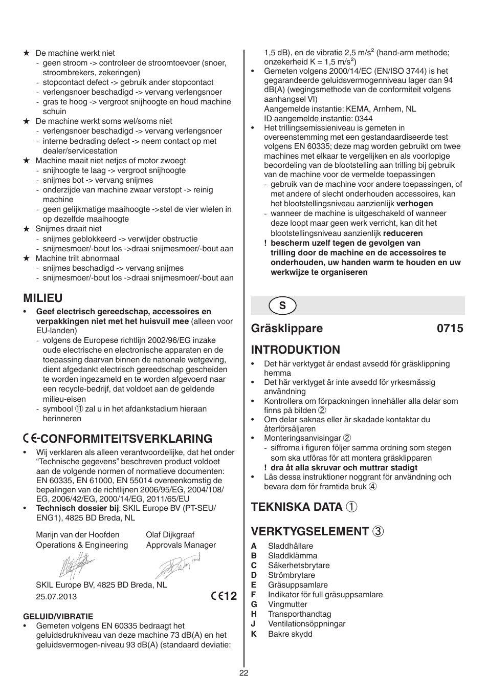 Milieu, Conformiteitsverklaring, Gräsklippare 0715 introduktion | Tekniska data ① verktygselement | Skil 0715 RT User Manual | Page 22 / 132