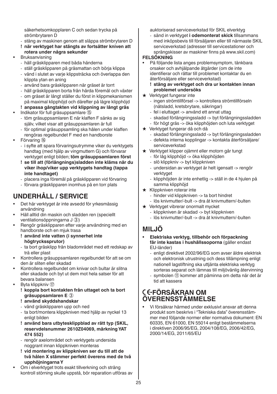 Underhåll / service, Miljö, Försäkran om överensstämmelse | Skil 0715 RT User Manual | Page 25 / 132