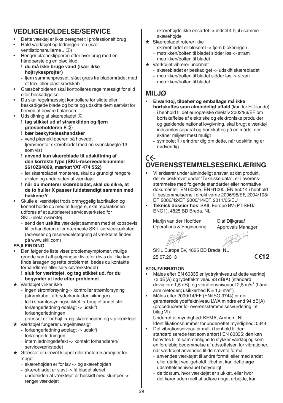 Vedligeholdelse/service, Miljø, Overensstemmelseserklæring | Skil 0715 RT User Manual | Page 29 / 132