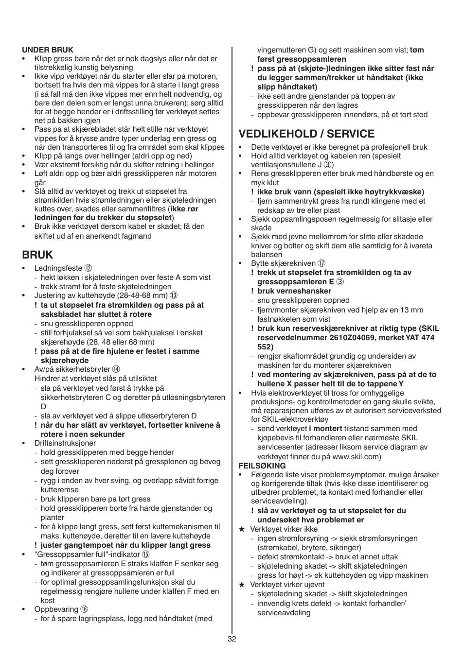 Bruk, Vedlikehold / service | Skil 0715 RT User Manual | Page 32 / 132