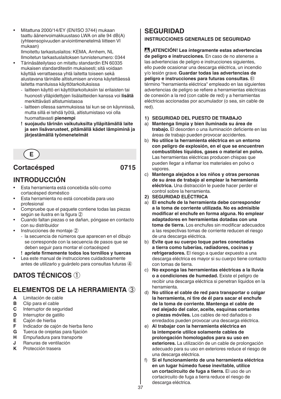 Cortacésped 0715 introducción, Datos técnicos ① elementos de la herramienta, Seguridad | Skil 0715 RT User Manual | Page 37 / 132