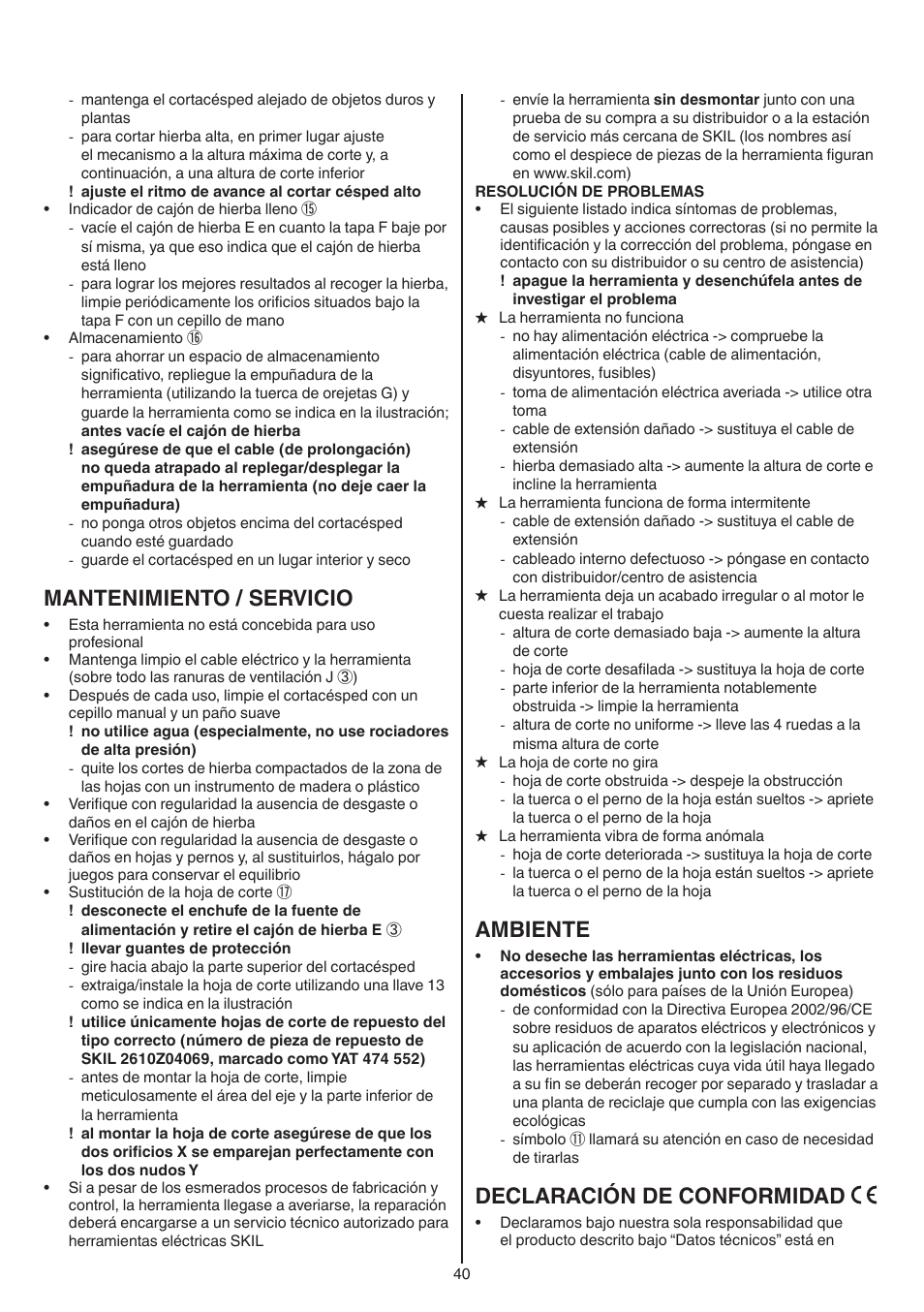 Mantenimiento / servicio, Ambiente, Declaración de conformidad | Skil 0715 RT User Manual | Page 40 / 132