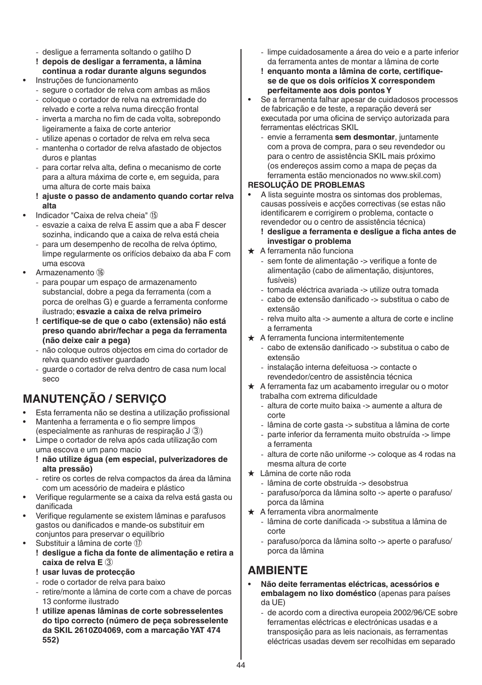 Manutenção / serviço, Ambiente | Skil 0715 RT User Manual | Page 44 / 132